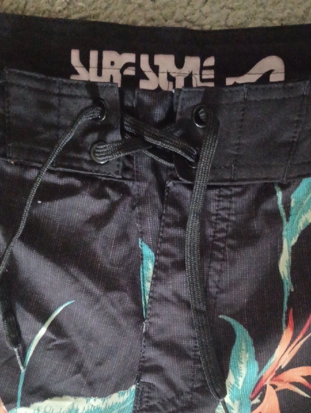 Surf Style Black Tropical Floral Swim Trunks with Teal & Orange Print - Picture 2 of 3
